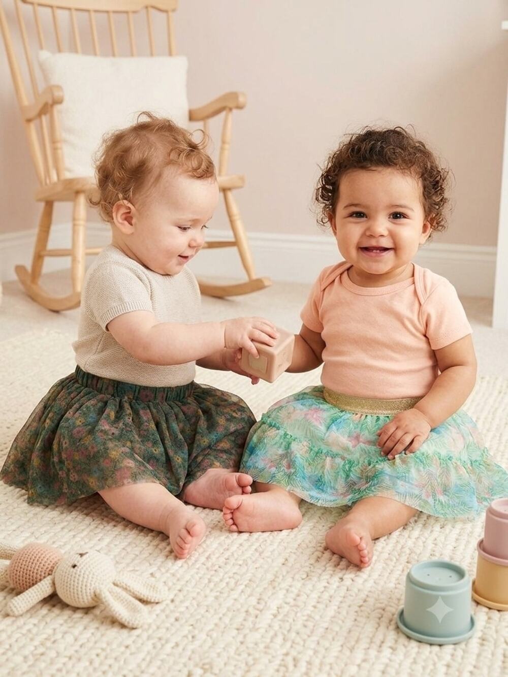 Set Of 2 Toddler Floral Tulle Skirt with Elastic Waistband - Peach & Mint